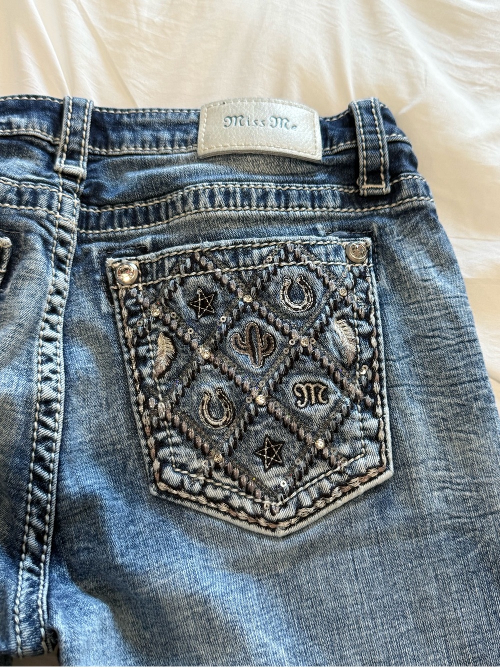 Miss Me Blue Embroidered Boot Cut Jeans with Silver Studs